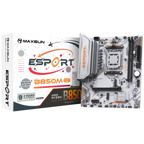 Материнская плата Maxsun MS-eSport B850M WIFI ICE B850, AM5, 2*DDR5, 1*PCIEx16, 1*PCIEx1, 2*M.2, 6*USB3.2Gen1, 4*USB2.0, 2*SATA3.0, 1G, DP, HDMI, M-ATX, RTL (6940709661758)
