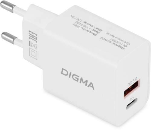 Сетевое зар./ устр. Digma DGW2D 20W 3A+1A (PD+QC) USB-C/ USB-A универсальное белый (DGW2D0F110WH)