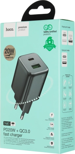 Сетевое зар./ устр. Hoco N41 Almighty Black 20W 3A (PD+QC+AFC) USB-A/ Type-C черный фото 5