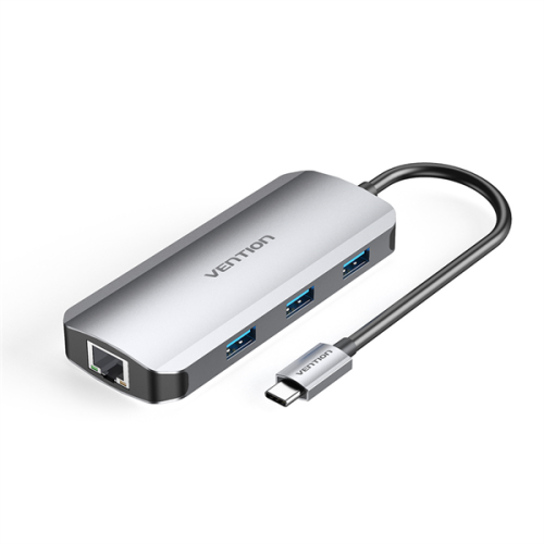 Vention USB-C to HDMI/USB 3.0x3/RJ45/PD Docking Station 0.15M Gray Aluminum Alloy Type (TOHHB)