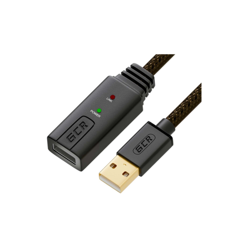 GCR Удлинитель активный 10.0m USB 2.0, AM/ AF, GOLD, черно-прозрачный, с усилителем сигнала Premium, 24/ 22 AWG, разъём для доп.питания, 44-050618