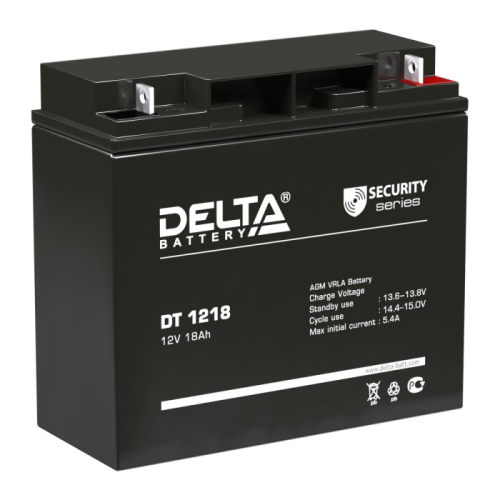 Батарея DELTA серия DT, DT 1218, напряжение 12В, емкость 18Ач (разряд 20 часов), макс. ток разряда (5 сек.) 250А, макс. ток заряда 5.4А, свинцово-кислотная типа AGM, клеммы под гайку и болт M6, ДxШxВ