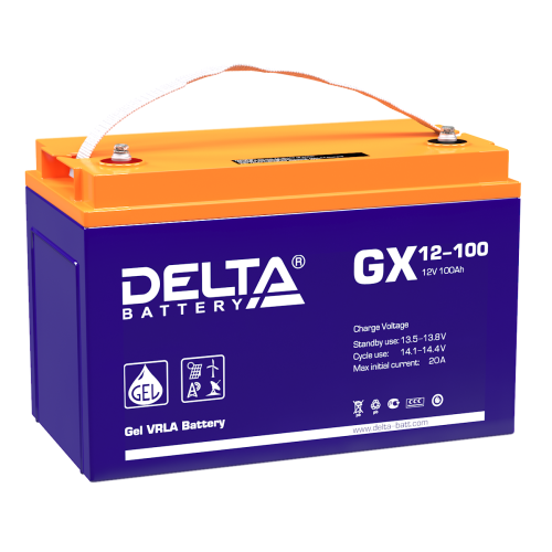 Батарея DELTA серия GX, GX 12-100, напряжение 12В, емкость 100Ач (разряд 10 часов), макс. ток разряда (5 сек.) 900А, макс. ток заряда 20А, свинцово-кислотная типа GEL, клеммы под болт М6, ДxШxВ 330х171х215мм., вес 32кг., срок службы 15 лет./ Battery DELT