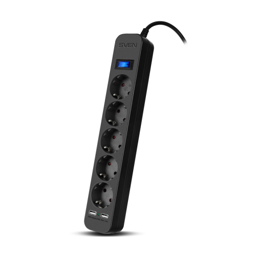 Фильтр SVEN SF-05LU 1,8 м (5 евро розеток,2*USB(2,4А)) черный, цветная коробка/ Surge protector SVEN SF-05LU 1,8 м (5 евро розеток,2*USB(2,4А)) черный, цветная коробка (SV-018832)