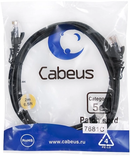 Патч-корд Cabeus PC-UTP-RJ45-CAT.5E-2M-BK-LSZH U/UTP RJ-45 вил.-вилка RJ-45 кат.5E 2м черный LSZH