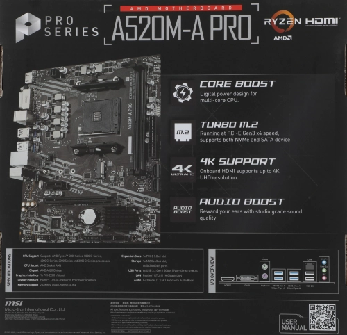 Материнская плата/ MB MSI AMD A520 sAM4, 2xDDR4(64GB), DVI-D/HDMI 2.1, 1xPCIe 3.0x16, 1xPCIe 3.0, 1xLAN, 4xSATA 6Gb/s, 1xM.2, 4xUSB 3.2, 2xUSB 2.0, 1xPS/2, mATX (A520M-A PRO) фото 10