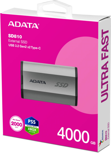 Твердотельный накопитель/ ADATA External SSD SD810, 4000GB, Type-C, USB 3.2 Gen2х2, up to R/ W 2000/ 2000 MB/ s, 72.7x44x12.2mm, Silver (5 лет) (SD810-4000G-CSG) фото 6