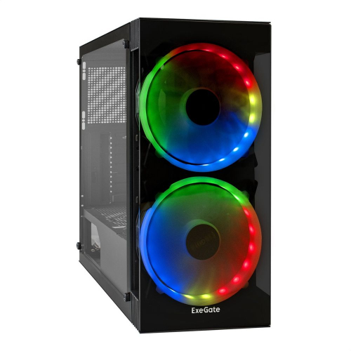 Exegate EX289022RUS Корпус Miditower ExeGate i3 MATRIX (ATX, без БП, 2*USB+1*USB3.0, HD аудио, черный, 2 вент. 18см с RGB подсветкой, пылевые фильтры, передняя и боковая панели - закаленное стекло)