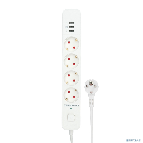 Гарнизон Сетевой фильтр 2.0 EPS-4-U3-W-4 Мультипорт, 4р, 10А, 3xUSB, 4м, ур.защиты 2+, белый, пакет (21447)