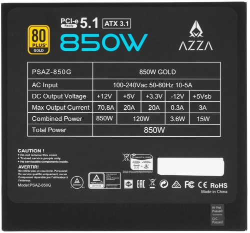 Блок питания Azza ATX 850W PSAZ-850G Gen.5 80+ gold (20+4pin) APFC 120mm fan 6xSATA RTL (PSAZ-850G (ATX 3.1)) фото 8