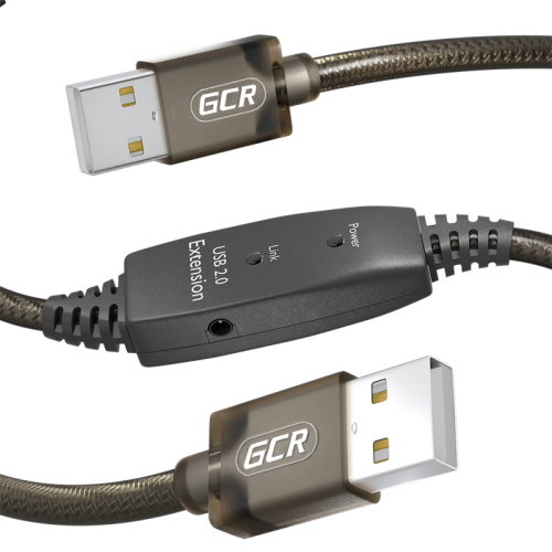 GCR Кабель активный 15.0m USB 2.0, AM/AM, черно-прозрачный, с усилителем сигнала, разъём для доп.питания, 24/22 AWG (GCR-53789)