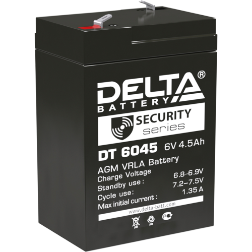 Батарея DELTA серия DT, DT 6045, напряжение 6В, емкость 4.5Ач (разряд 20 часов), макс. ток разряда (5 сек.) 70А, макс. ток заряда 1.35А, свинцово-кислотная типа AGM, клеммы F1, ДxШxВ 70х47х100мм., ве