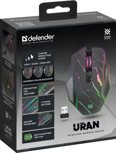 DEFENDER URAN черная Беспроводная игровая мышь (USB, 2.4 ГГц, LED подсветка, 8 кн., 400 мАч, 3200dpi, GM-503) (52503) фото 10
