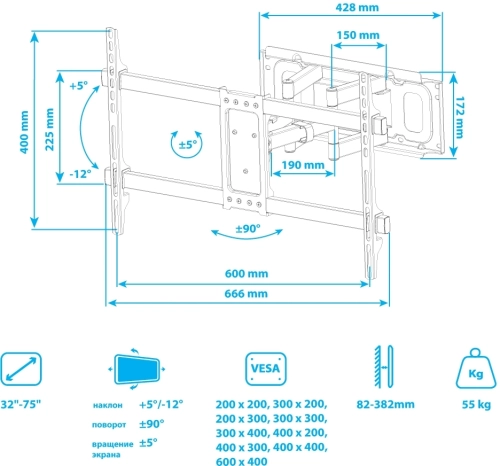 Кронштейн для ТВ KROMAX CORBEL-8 GREY TITAN (max VESA 600x400 мм, настенный, Наклонно-поворотный, max 55 кг) (90592) фото 9