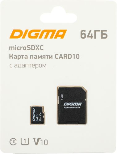 Флеш карта microSDXC Digma 64GB CARD10 V10 + adapter (DGFCA064A01)