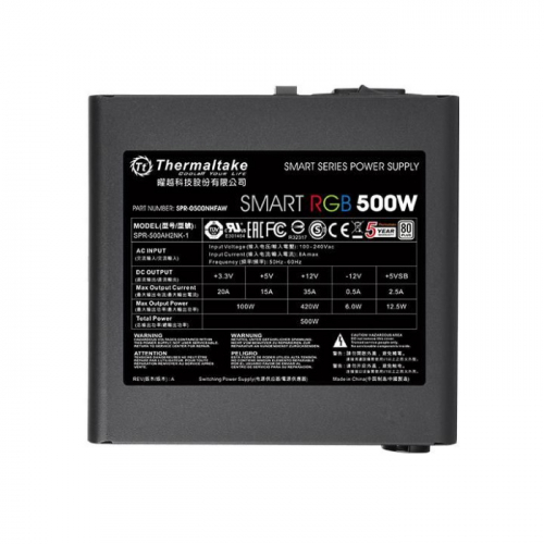 Блок питания Thermaltake Smart RGB, 500W, ATX, 80 Plus, APFC, (24+4+4pin), 120mm fan, color LED 5xSATA RTL (PS-SPR- 0500NHSAWE-1) фото 3