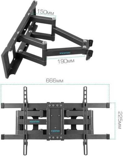 Кронштейн для ТВ KROMAX CORBEL-8 GREY TITAN (max VESA 600x400 мм, настенный, Наклонно-поворотный, max 55 кг) (90592) фото 6