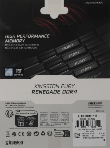 Память оперативная/ Kingston 16GB 3200MT/s DDR4 CL16 DIMM 1Gx8 FURY Renegade Black (KF432C16RB12/16) фото 5