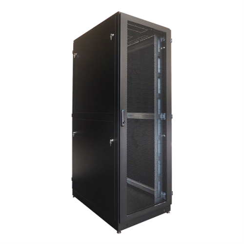 Шкаф серверный напольный 48U (800 1200) дверь перфорированная, задние двойные перфорированные, цвет черный (ШТК-М-48.8.12-48АА-9005)