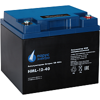 Battery Parus Electro, professional series HML-12-40, voltage 12V, capacity 40Ah (discharge 10 hours), max. discharge current (5sec) 400A, max. charge current 12A, lead-acid AGM type, M6 bolt terminals, LxWxH 197x165x170mm., total height with terminals 17