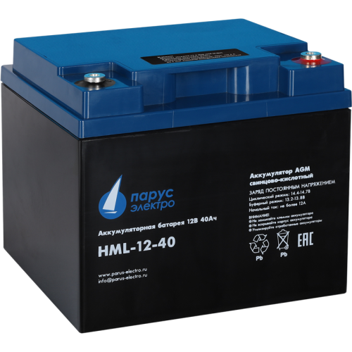 Battery Parus Electro, professional series HML-12-40, voltage 12V, capacity 40Ah (discharge 10 hours), max. discharge current (5sec) 400A, max. charge current 12A, lead-acid AGM type, M6 bolt terminals, LxWxH 197x165x170mm., total height with terminals 17
