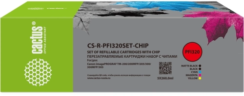 Картридж перезаправляемый струйный Cactus CS-R-PFI320SET-CHIP черный/черный матовый/голубой/желтый/пурпурный набор 5шт.упак. для Canon imagePROGRAF TM-200/200MFP/205/300/300MFP/305/250/255/350/355 с чипом