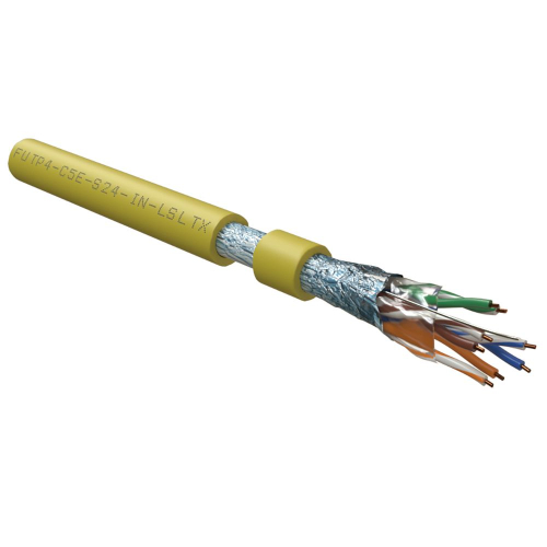 Кабель Hyperline FUTP4-C5E-S24-IN-LSLTX-YL-305 (305м) Кабель витая пара, экранированный F/ UTP, общий экран фольга, категория 5e, 4 пары 24 AWG, 4х2х0,51 мм, однопроволочные жилы, нг(А)-LSLTx, внутренний -20°C – +60°C, желтый, системная гарантия 25 лет