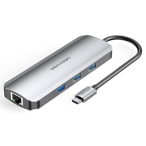 Vention Multi-function USB-C to HDMI/ USB3.0x3/ RJ45/ SD/ TF/ PD Docking Station 0.15M Gray Aluminum Alloy Type (TOKHB)