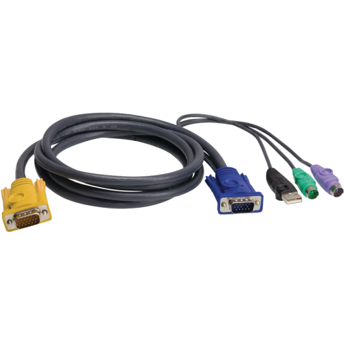 Шнур, мон., клав.+мышь USB, SPHD=>HD DB15+USB A-Тип+2x6MINI-DIN, Male-4xMale, 8+8 проводов, опрессованный, 3 метр., черный, (с поддерKой KVM PS/ 2)/ USB-PS/ 2 HYBRID CABLE. 3M (2L-5303UP)