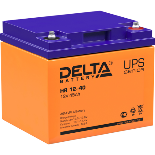 Батарея DELTA серия HR, HR 12-40, напряжение 12В, емкость 45Ач (разряд 10 часов), макс. ток разряда (5 сек.) 450А, макс. ток заряда 12А, свинцово-кислотная типа AGM, клеммы под болт М6, ДxШxВ 198х166х170мм., вес 14.8кг., срок службы 10-12 лет./ Battery D