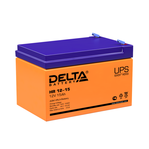 Батарея DELTA серия HR, HR 12-15, напряжение 12В, емкость 15Ач (разряд 20 часов), макс. ток разряда (5 сек.) 200А, макс. ток заряда 4.5А, свинцово-кислотная типа AGM, клеммы F2, ДxШxВ 151х98х95мм., вес 4.6кг., срок службы 8 лет./ Battery DELTA series HR,