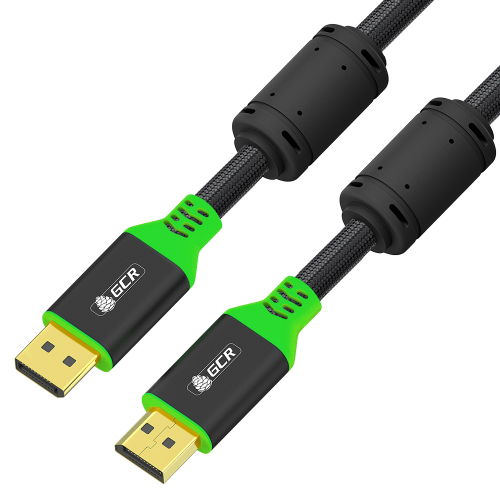 GCR Кабель PROF 3.0m DisplayPort v1.4, ECO Soft капрон, 8K 60Hz, 4K 165Hz, черный, AL case, зеленый ПВХ, ферритовые кольца, 3 Х экран с армированием, GCR-56285