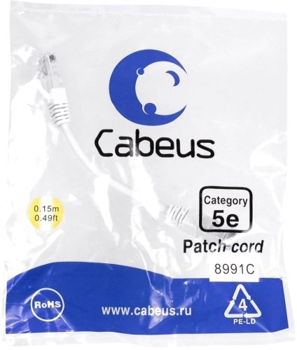 Патч-корд Cabeus PC-UTP-RJ45-CAT.5E-0.15M-WH U/UTP RJ-45 вил.-вилка RJ-45 кат.5E 0.15м белый LSZH