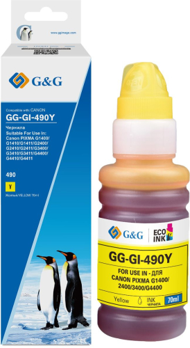 Чернила G&G GG-GI-490Y GI-490 желтый 70мл для Canon Pixma G1400/ G2400/ G3400/ G4400