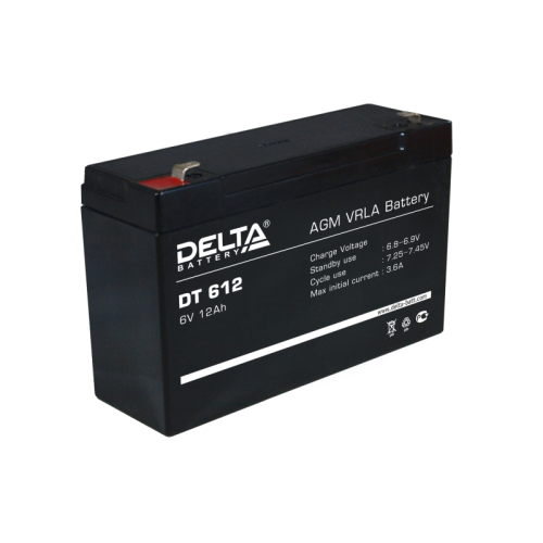 Батарея DELTA серия DT, DT 612, напряжение 6В, емкость 12Ач (разряд 20 часов), макс. ток разряда (5 сек.) 150А, макс. ток заряда 3.6А, свинцово-кислотная типа AGM, клеммы F2, ДxШxВ 151х50х94мм., вес