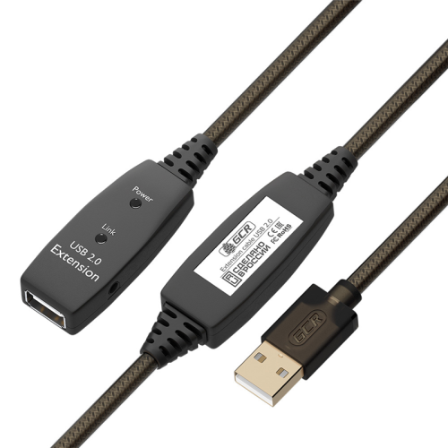 GCR Удлинитель активный 15.0m USB 2.0 AM/AF, GOLD, черно-прозрачный, с 2-мя усилителями сигнала Premium,разъём для доп.питания, 24/22 AWG (GCR-53807)