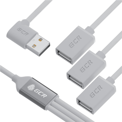 GCR USB Hub 2.0 на 3 порта, 0.35m, гибкий, двусторонний угловой AM / 3 х AF, белый, GCR-53355