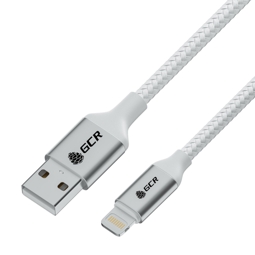 GCR Кабель 1.0m USB AM/ Lightning - поддержка всех IOS, MFI, белый нейлон, AL корпус серебро, белый ПВХ, GCR-53077