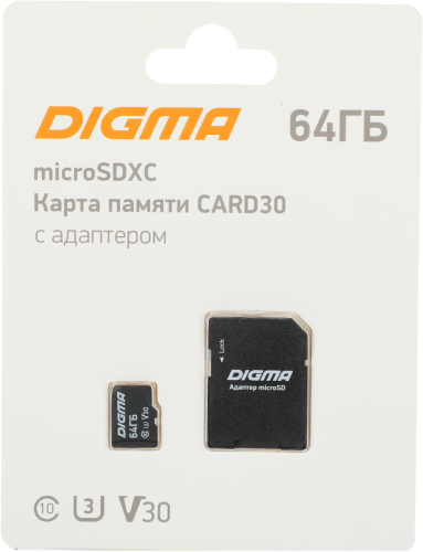 Флеш карта microSDXC Digma 64GB CARD30 V30 + adapter (DGFCA064A03)