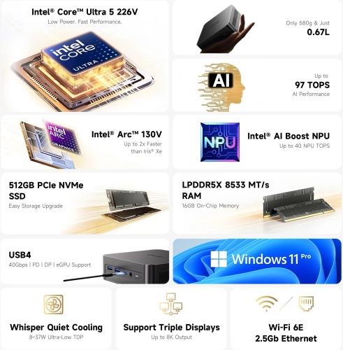 Компьютер Мини Chuwi AuBox X Core Ultra 5 226V (2.1) 16Gb SSD512Gb ARC 130V Windows 11 Pro 2.5xGbitEth WiFi BT 100W серый (2171140) (2171140#MLN) фото 9