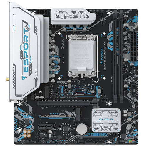 Материнская плата Maxsun MS-eSport B860M GANK WIFI B860, LGA1851, 2*DDR5, 1*PCIEx16, 1*PCIEx1, 2*M.2, 6*USB3.2Gen1, 4*USB2.0, 2*SATA3.0, 1G, DP, HDMI, M-ATX, RTL (6940709661413)