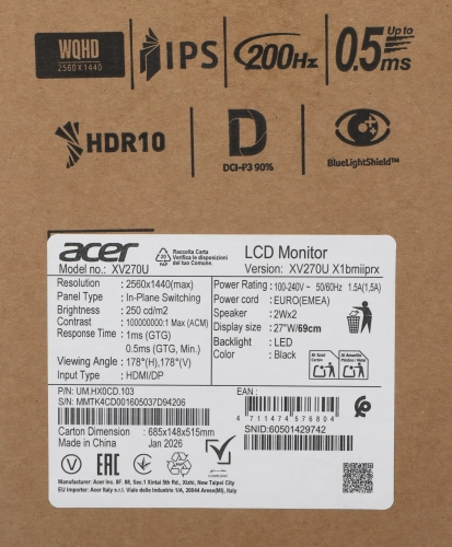 Монитор Acer XV270UX1bmiiprx 27, 16:9, IPS, QHD, 0,5/ 1ms, 250cd, 200Hz, HDMI, DP, SPK, HAS (UM.HX0CD.103) фото 10