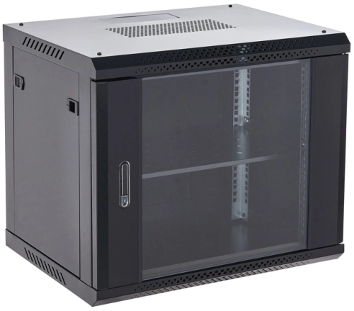 Rexant (04-0964-112) Настенный шкаф 19 9U 600х450х501 (ШхГхВ), дверь стекло, металлическая задняя стенка, боковые съемные стенки, RAL 9005