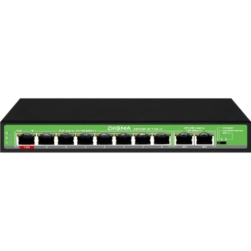 Digma DSP208F-2F-T120 Коммутатор V1 (L2) 10х100Мбит/ с 8PoE 8PoE+ 120W неуправляемый