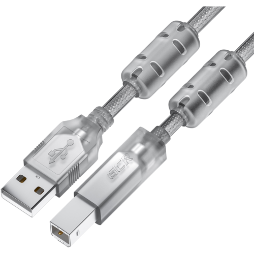 GCR Кабель PROF 5.0m USB 2.0, AM/ BM, прозрачный, ферритовые кольца, 28/ 24 AWG, экран, армированный, морозостойкий, GCR-52426