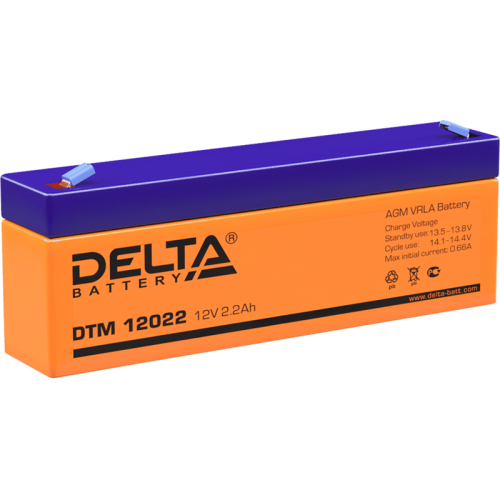 Батарея DELTA серия DTM, DTM 12022, напряжение 12В, емкость 2.2Ач (разряд 20 часов), макс. ток разряда (5 сек.) 34.5А, макс. ток заряда 0.66А, свинцово-кислотная типа AGM, клеммы F1, ДxШxВ 178х35х61м