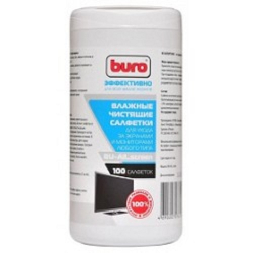 Салфетки для экранов мониторов/ плазменных/ ЖК телевизоров/ ноутбуков BURO BU-All_screen туба 100 шт влажных [379608]