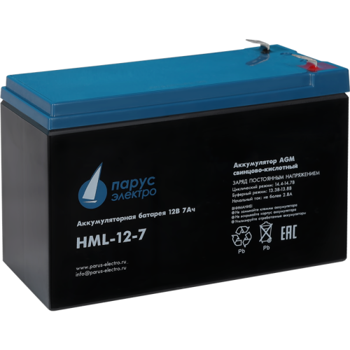 Battery Parus Electro, professional series HML-12-7, voltage 12V, capacity 7.2Ah (discharge 20 hours), max. discharge current (5sec) 140A, max. charge current 2.8A, lead-acid type AGM, terminals F2, LxWxH 151x65x94mm., total height with terminals 101mm.,