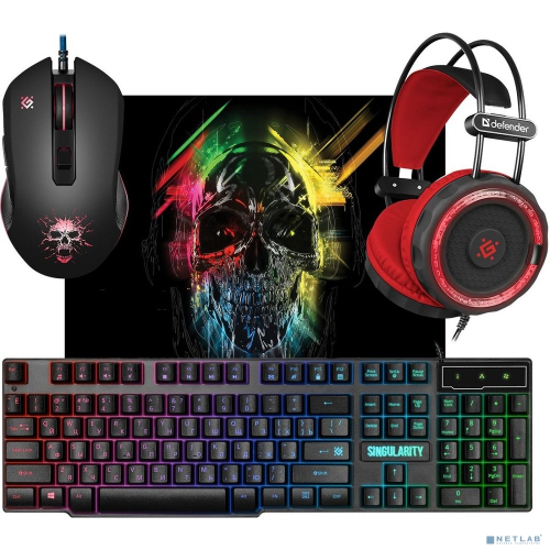 DEFENDER SINGULARITY Игровой набор мышь+клавиатура+гарнитура+ков. (USB, 6 кн., 3200 dpi, 104 кл., подсветка, 280 х 230 х 3 мм, ткань/ резина, 40 мм, 2 x 3,5-мм джек, USB, (52118)
