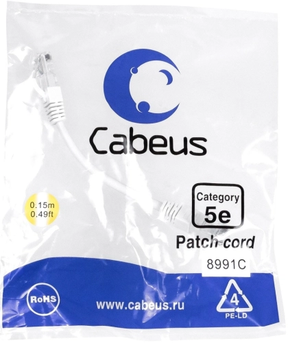 Патч-корд Cabeus PC-UTP-RJ45-Cat.5e-0.15m-WH-LSZH U/ UTP RJ-45 вил.-вилка RJ-45 кат.5E 0.15м белый LSZH (2134178) (2134178#MLN)